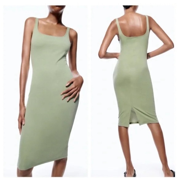 Zara Dresses & Skirts - Zara Sage Green Trim Midi Sleeveless Bodycon Dress